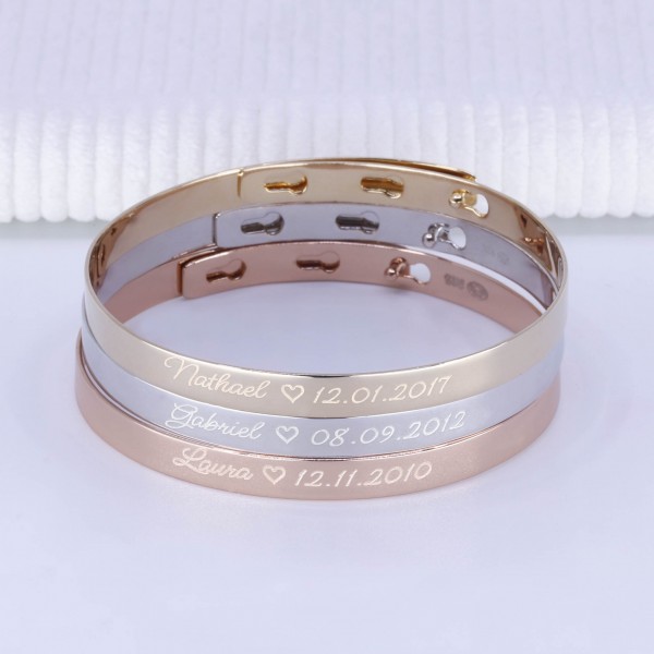 Trio Bangle Bracelets Sterling Silver, Rose Silver and Gold plated Jeweler’s Engraving