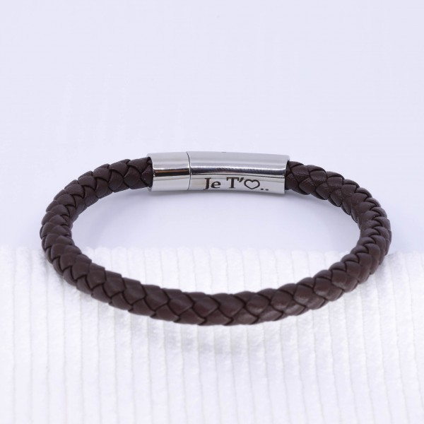 Braided Brown Leather Bracelet with Engraving on Clasp